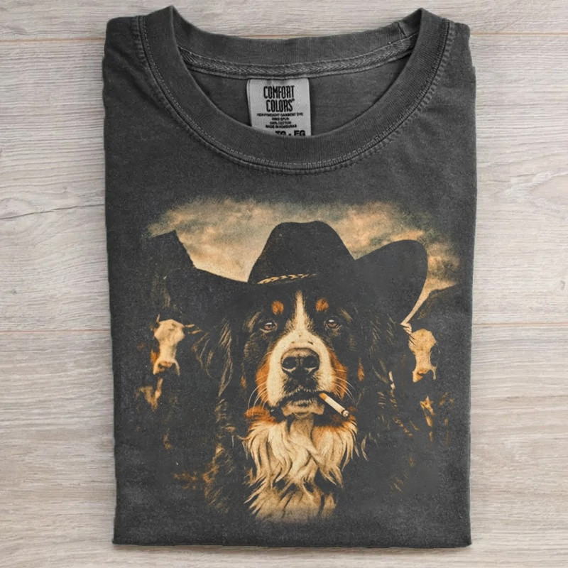 Bernese Mountain Dog Western Graphic T-Shirt Cowboy Dog With Cigarette Merch Gift For Her - WWCandleCo