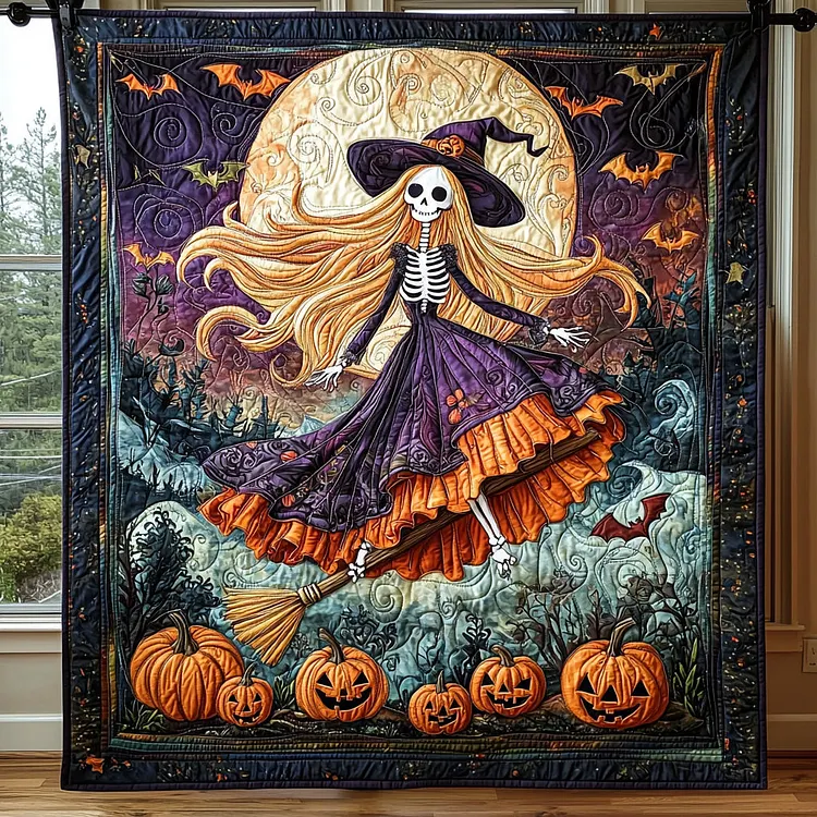 Bewitching Path Quilted Blanket Skeleton Witch Pumpkins Merch Top Home Decor Gifts