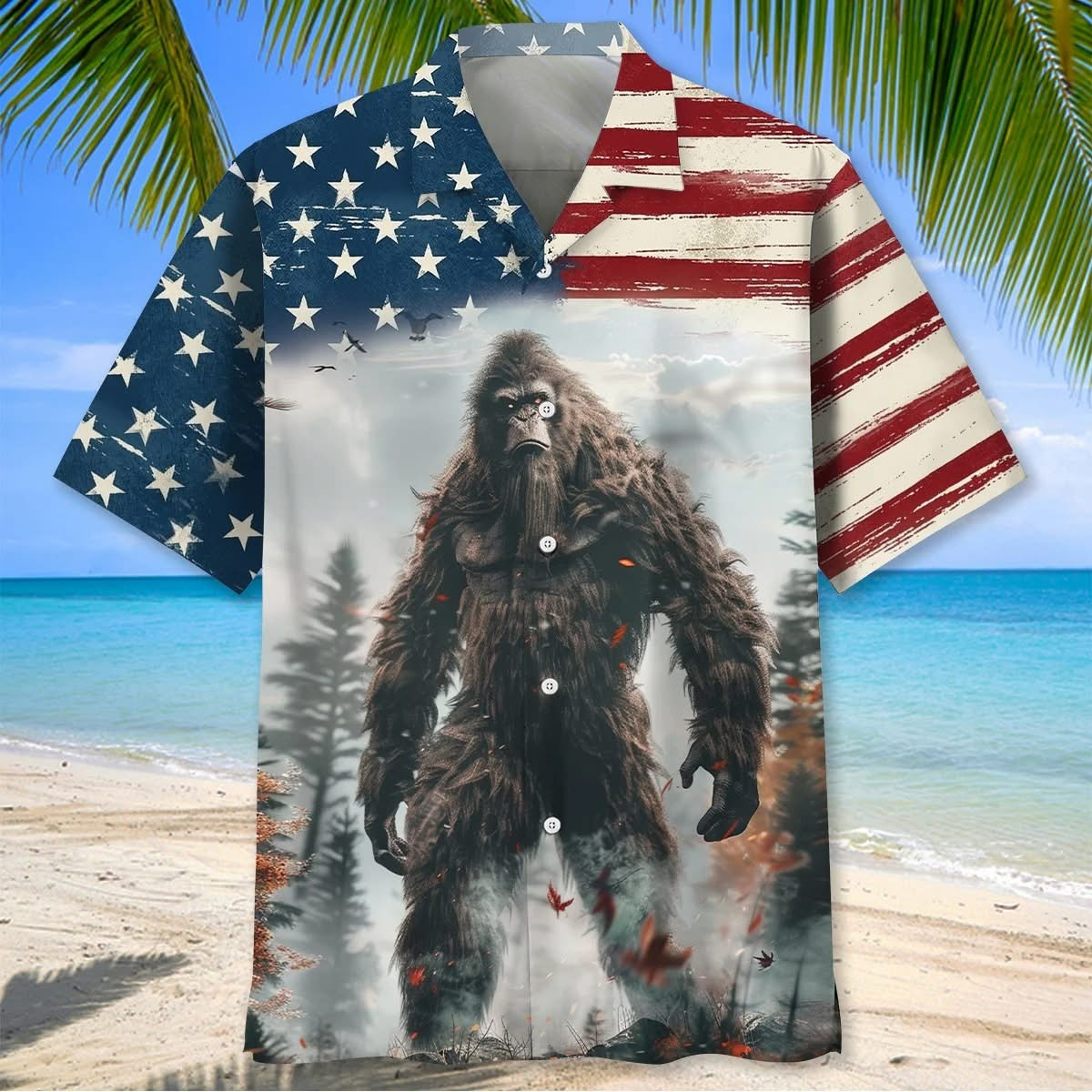 Bigfoot American Flag Hawaiian Shirt USA Flag Bigfoot Beach Merch Gifts For Bestie - WWCandleCo