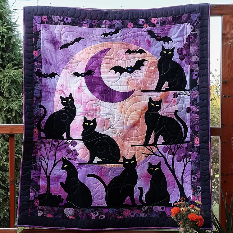 Black Cat Night Quilted Blanket Halloween Black Cats Merch Interior Design Gift Ideas