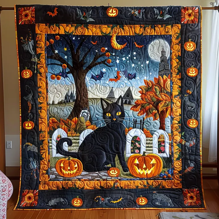 Black Cat Pumpkin Quilted Blanket Black Cat Halloween Merch House Gift