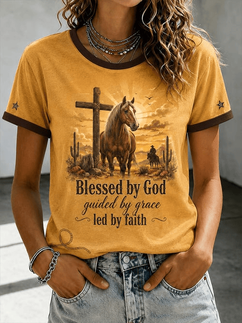 Blessed By God Guided By Grace Led By Faith T-Shirt Horse Lover Merch Gift For Horse Lovers