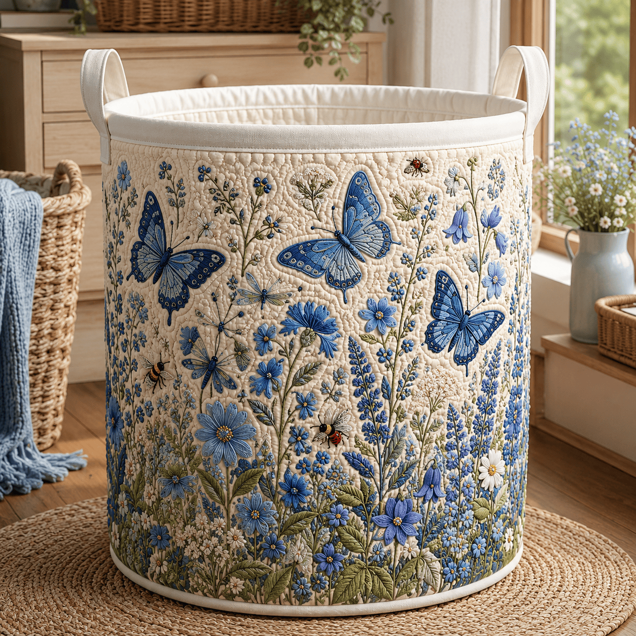 Blue Butterfly Quilted Laundry Basket Butterfly And Wildflower Clothes Hamper House Gifts