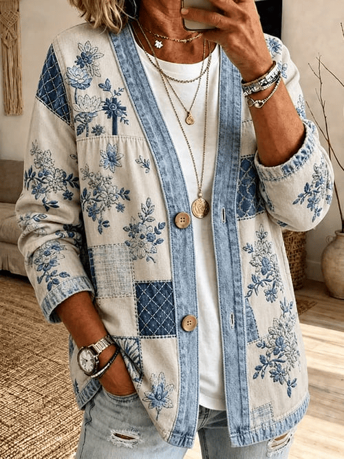 Blue Floral Patchwork Cardigan Uly Sweater Vintage Boho Style Apparel Gift For Elegant Women