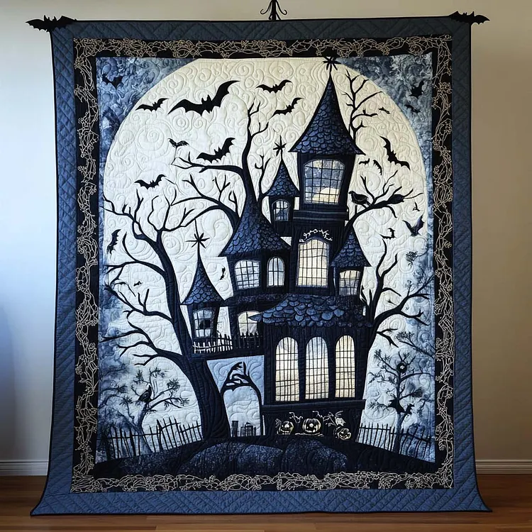 Blue Haunted Castle Quilted Blanket Haunted House Bats Merch Halloween Gifts For Dad