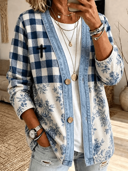 Blue Plaid Gingham Floral Cross Cardigan Uly Sweater Plaid Merch Gift For Fashion Lovers