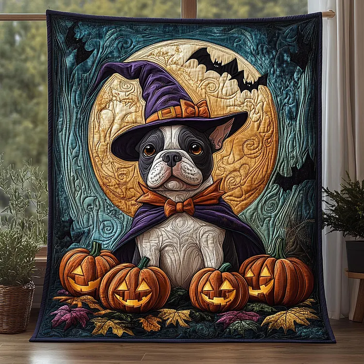 Boo Woofie Quilted Blanket Halloween Dog Pumpkin Merch Cozy Home Decor