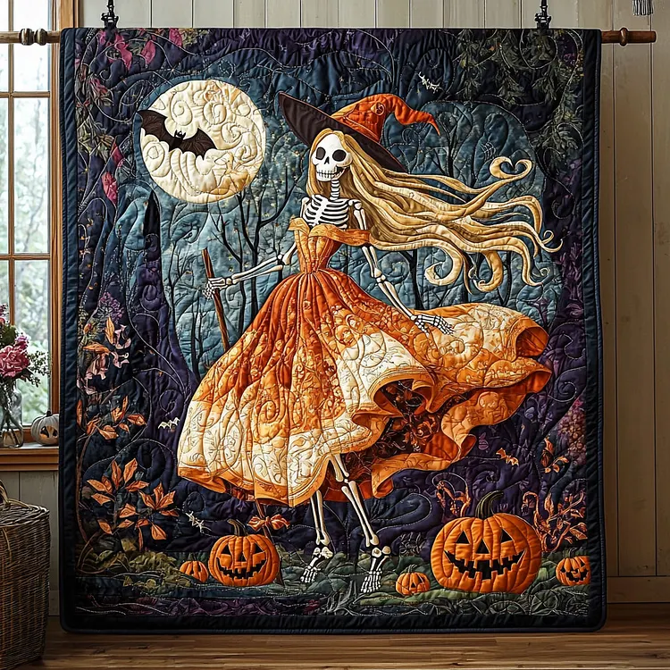 Broomstick Trail Quilted Blanket Skeleton Witch Pumpkins Merch Gifts For New Homes
