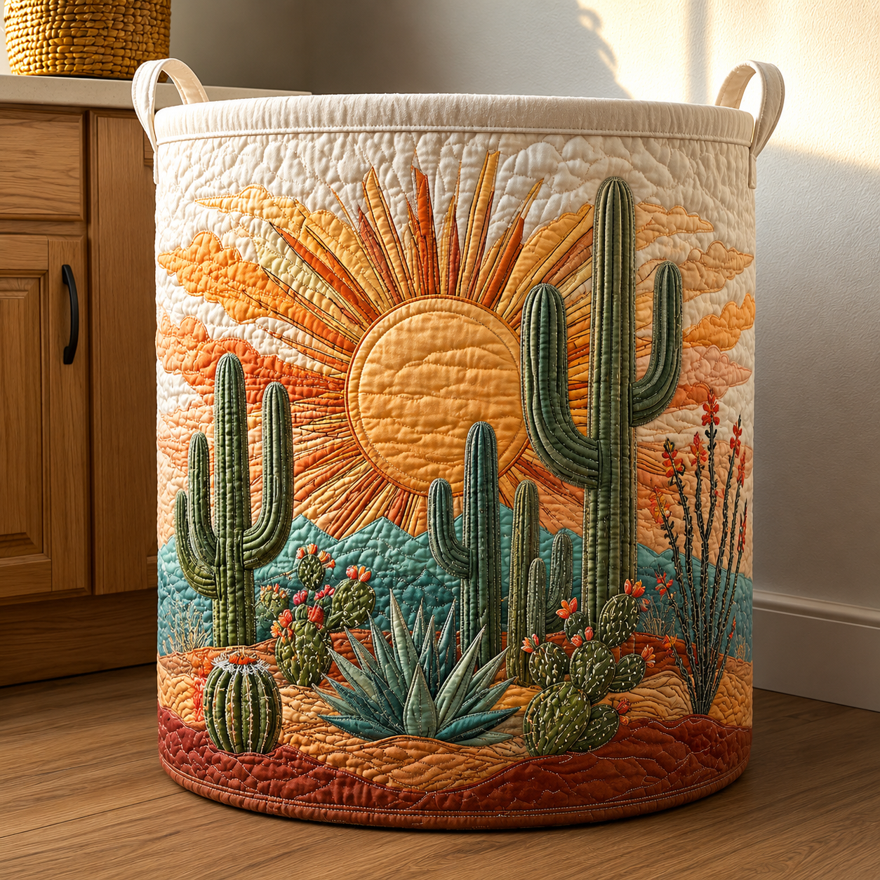 Cactus Rise Quilted Laundry Basket Sun Cactus Landscape Clothes Hamper Cozy Housewarming Gifts