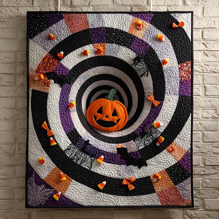 Candy Corn Vortex Quilted Blanket Pumpkin Halloween Spiral Merch Halloween Gifts For Her