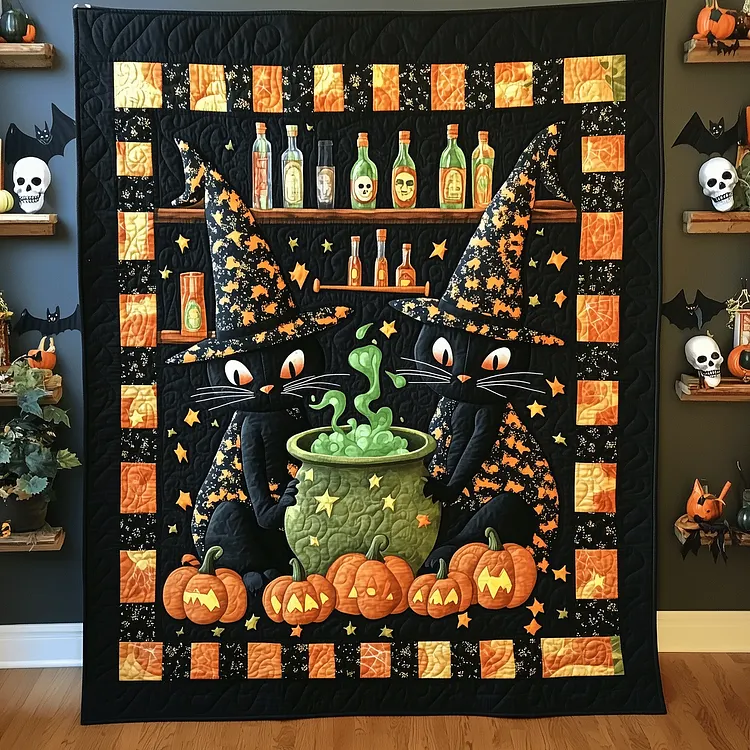 Cat Magic Potion Quilted Blanket Witches Cats Cauldron Merch Gift For Halloween