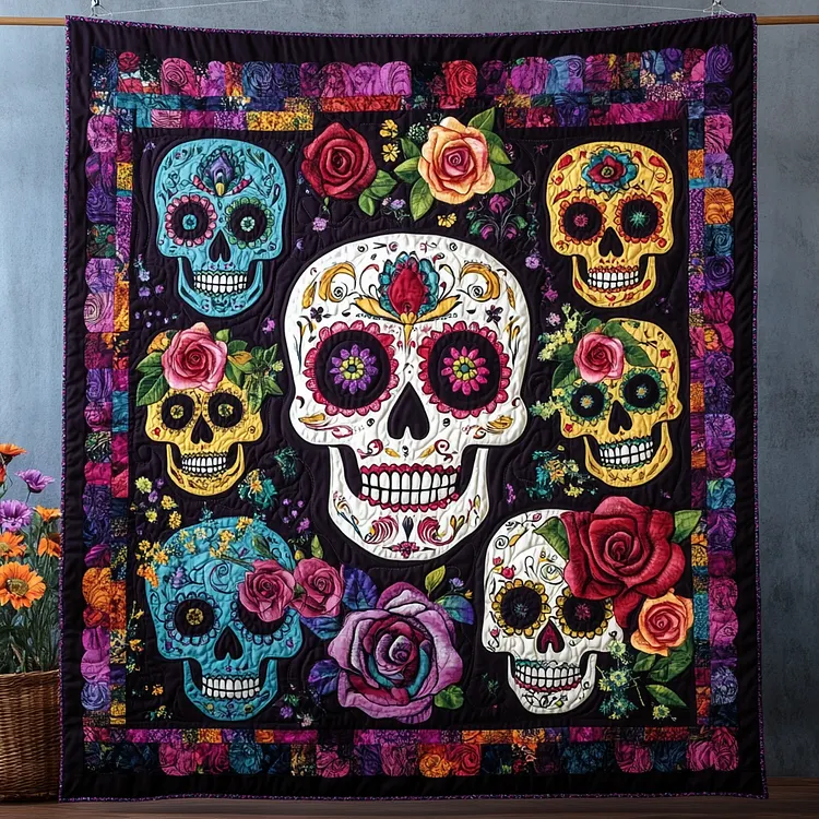 Cheerful Sugar Skull Quilted Blanket Sugar Skull Flowers Merch Gift For Home Lover