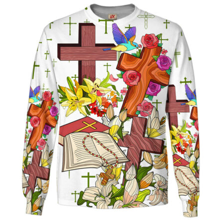 Christian Cross Bible T-Shirt Floral Rosary Bird Apparel Gift For Faithful Christians