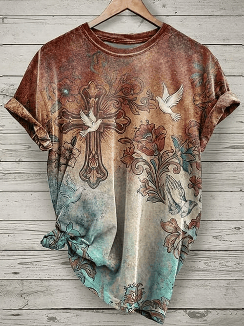 Christian Cross Doves T-Shirt Floral Praying Hands Clothes Gift For Religious Friends