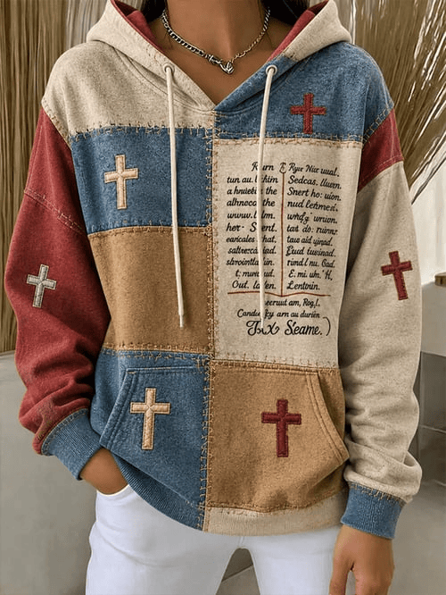 Christian Cross Patchwork Hoodie Faith Christian Apparel Gift For Devout Believers