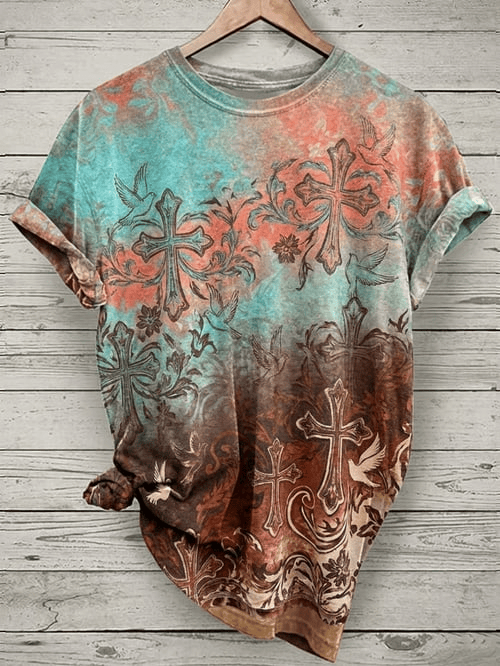 Christian Crosses Doves T-Shirt Floral Pattern Apparel Gift For Religious Friends