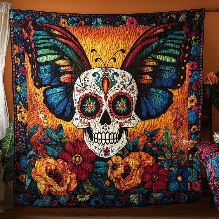 Colorful Sugar Skull Quilted Blanket Sugar Skull Butterfly Merch Ideas Gift