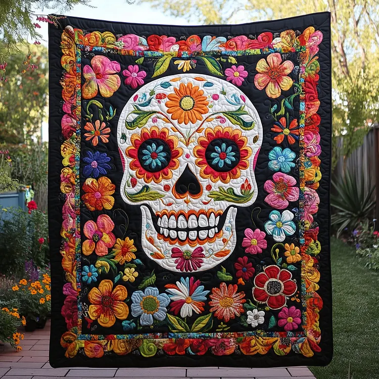 Colorful Sugar Skull Quilted Blanket Sugar Skull Flowers Merch Halloween Gifts For Husband