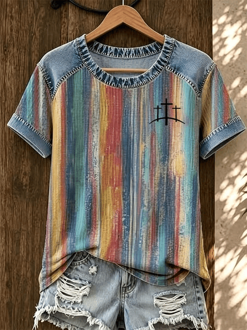 Colorful Vintage Stripes Christian Cross T-Shirt Cross Merch Gift For Christian Fans