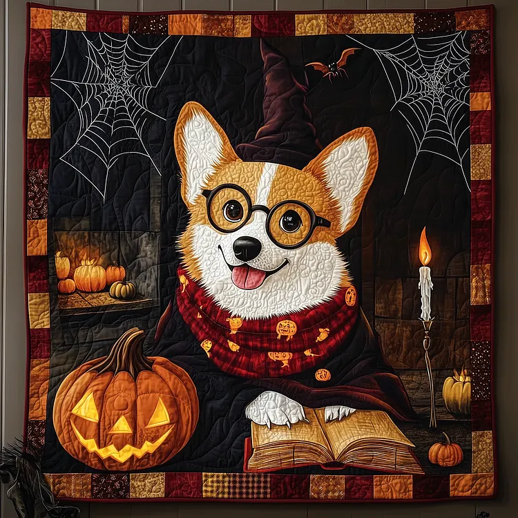 Corgi Haunted Hideaway Quilted Blanket Halloween Corgi Wizard Merch Room Gift For Him