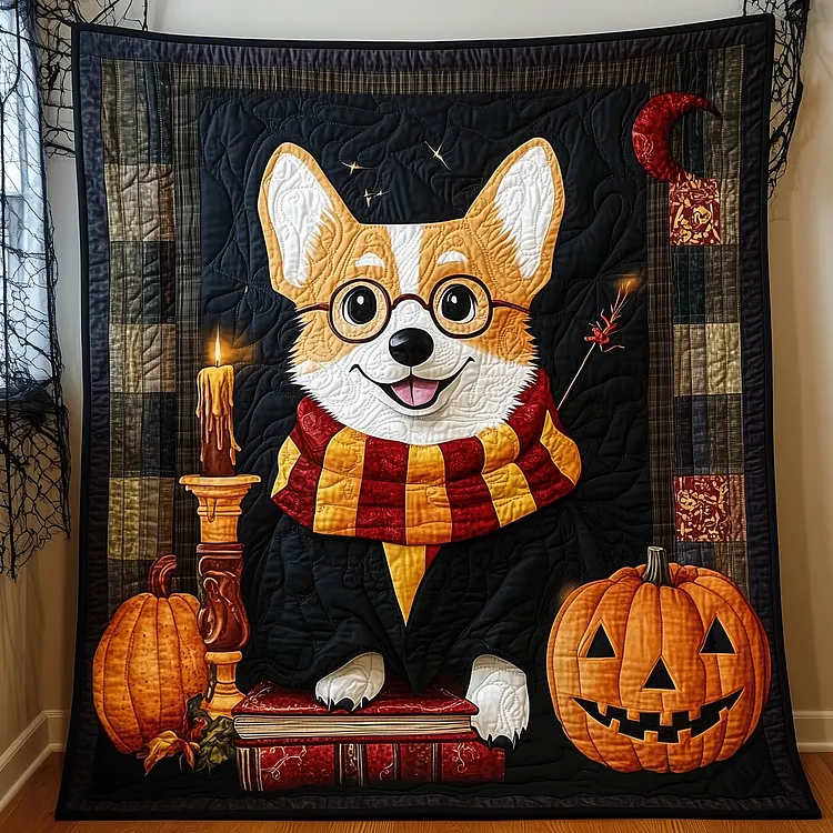Corgi The Witch Quilted Blanket Wizard Corgi Halloween Merch Cozy Home Decor Gifts