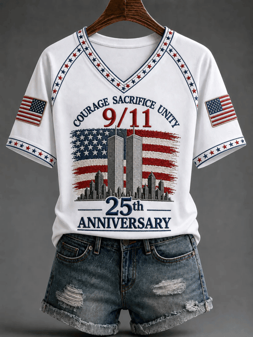 Courage Sacrifice Unity September 11th V-Neck Shirt 25th Anniversary Patriot Merch Gift