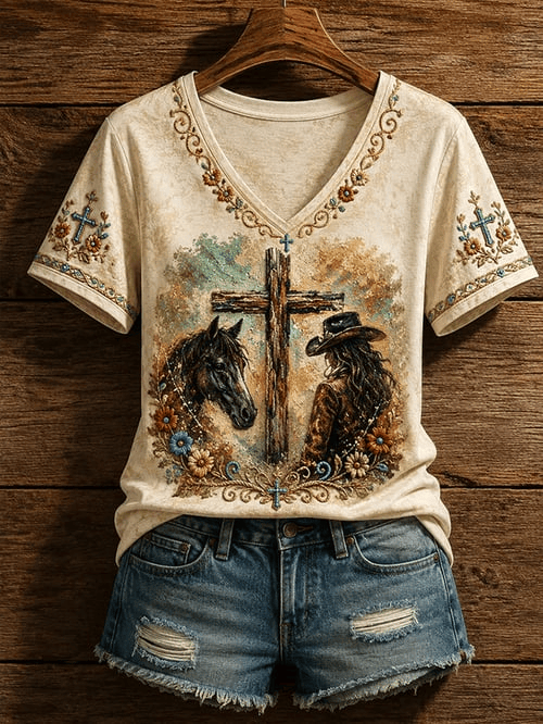 Cowgirl Horse Christian Cross V-Neck Shirt Christian Cross Apparel Gift For Women