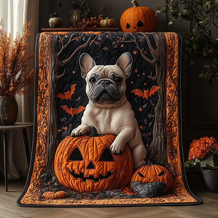Creepy Cutie Quilted Blanket French Bulldog Pumpkin Merch Gift For New Home