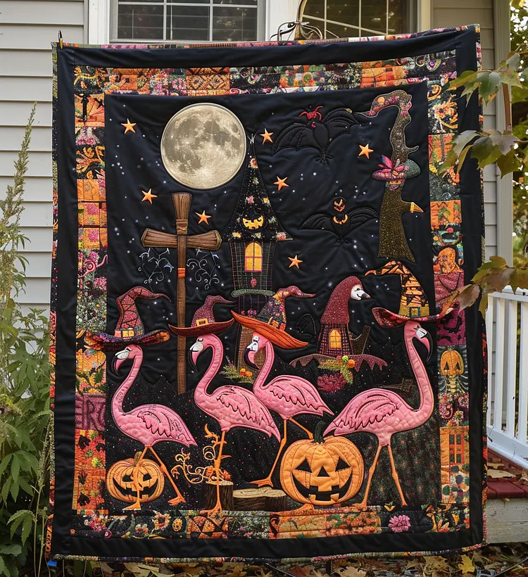 Creepy Flamingos Quilted Blanket Flamingos And Pumpkins Merch Cool Room Decor Gifts