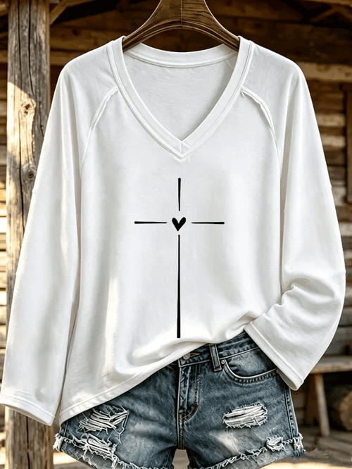 Cross Graphic V-Neck Long Shirt Minimalist Line Clothes Gift For Devout Christians