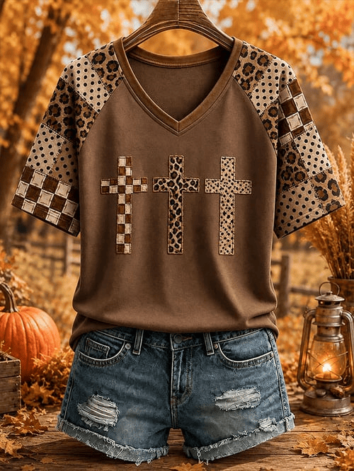 Cross V-Neck Shirt Leopard Chevron Pattern Patchwork Merch Gift For Country Girls