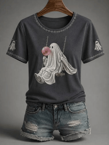 Cute Ghost Blowing Bubble Gum On Swing T-Shirt Cute Ghost Merch Gift For Halloween Fans