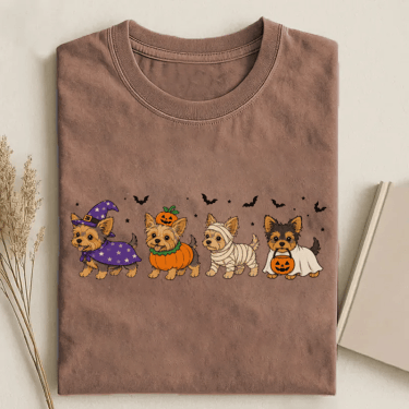 Cute Yorkie Pumpkin Halloween T-Shirt Small Puppies Graphic Clothes Gift For Dog Owners