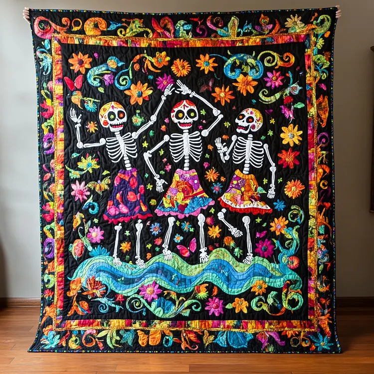 Dancing Skeleton Floral Quilted Blanket Day Of The Dead Skeletons Merch Gifts For House Lovers