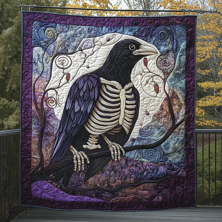 Dark Feathered Guardian Quilted Blanket Skeleton Raven Moon Merch Halloween Gifts For Boyfriend