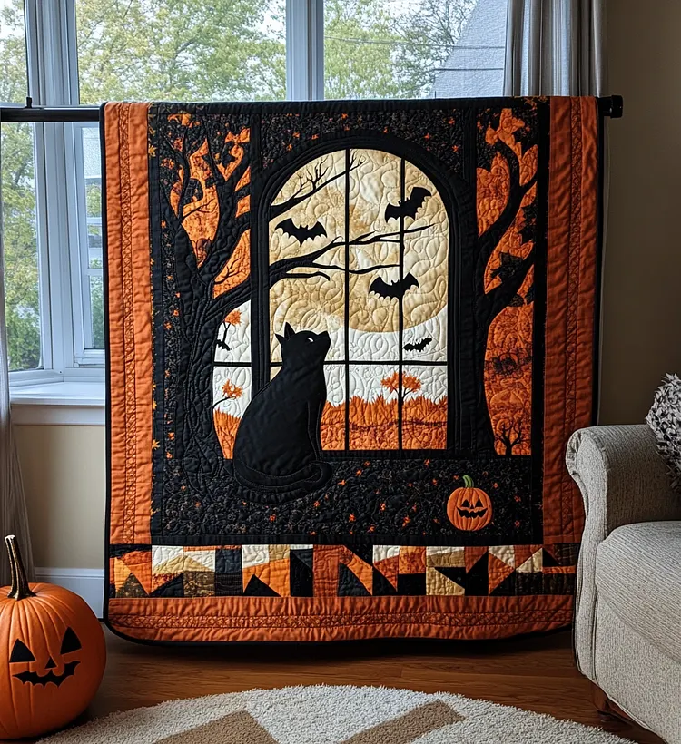 Dark Feline Night Quilted Blanket Black Cat Halloween Merch Halloween Gifts For Wife