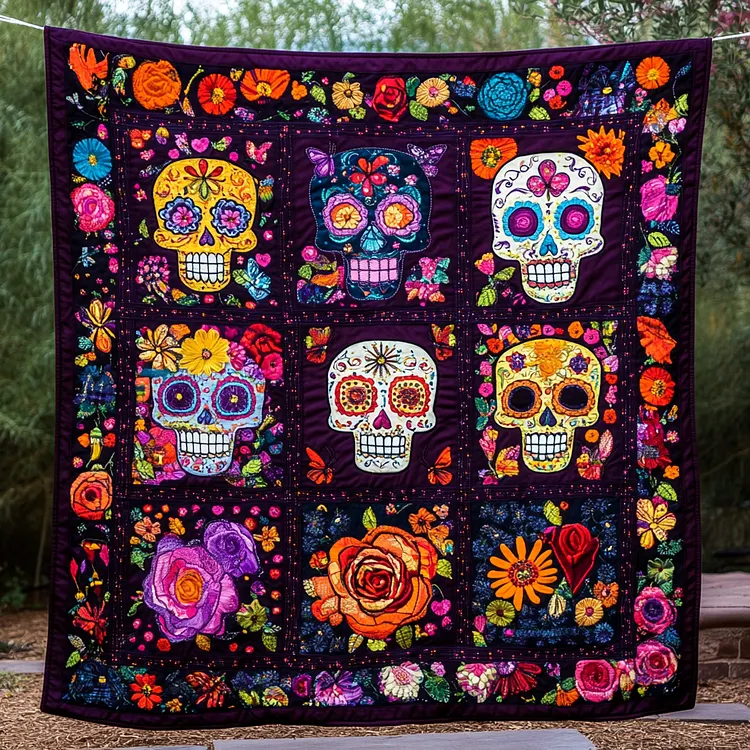 Day Of The Dead Sugar Skull Quilted Blanket Sugar Skulls Flowers Merch Cool Room Decor