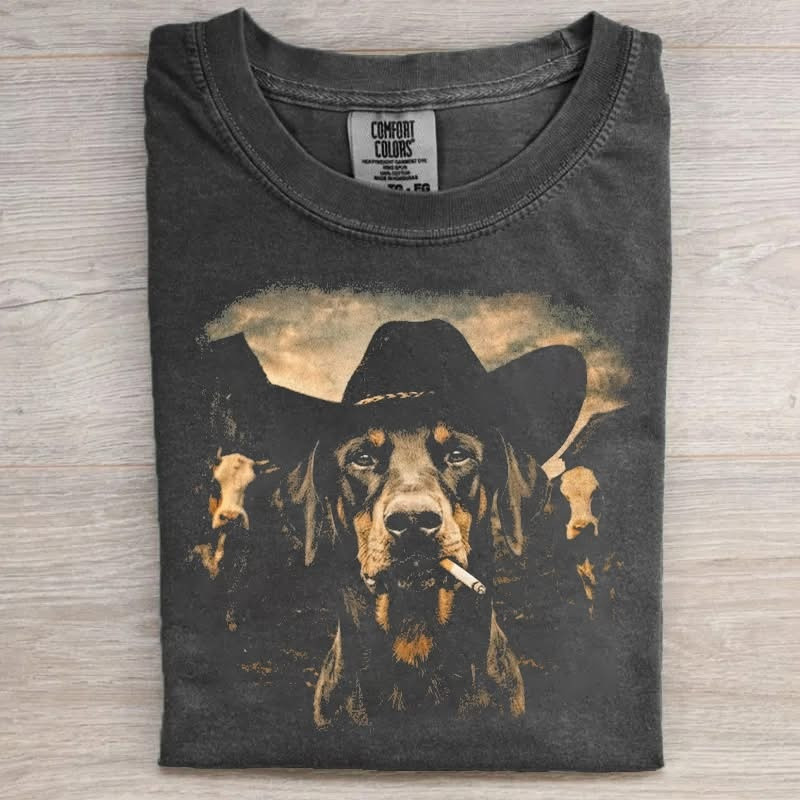 Doberman Pinscher Western Graphic T-Shirt Cowboy Dog With Cows Merch Gifts For Men - WWCandleCo