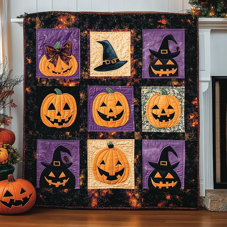 Eerie Night Quilted Blanket Halloween Pumpkins And Hats Merch Unique Decor Gift