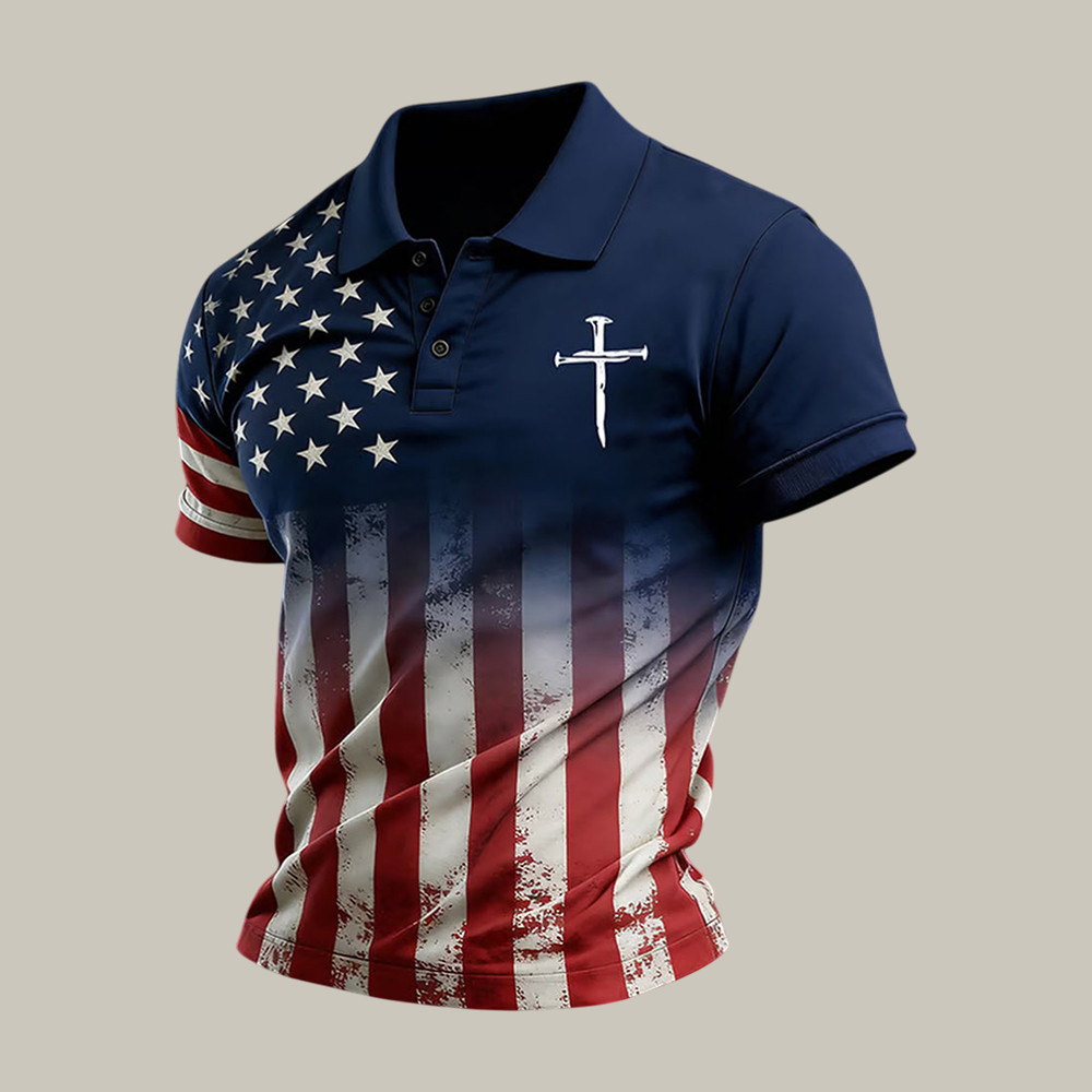 Faith Cross American Flag Polo Shirt God Is Good Shirt Present Idea For Christian Dad - WWCandleCo
