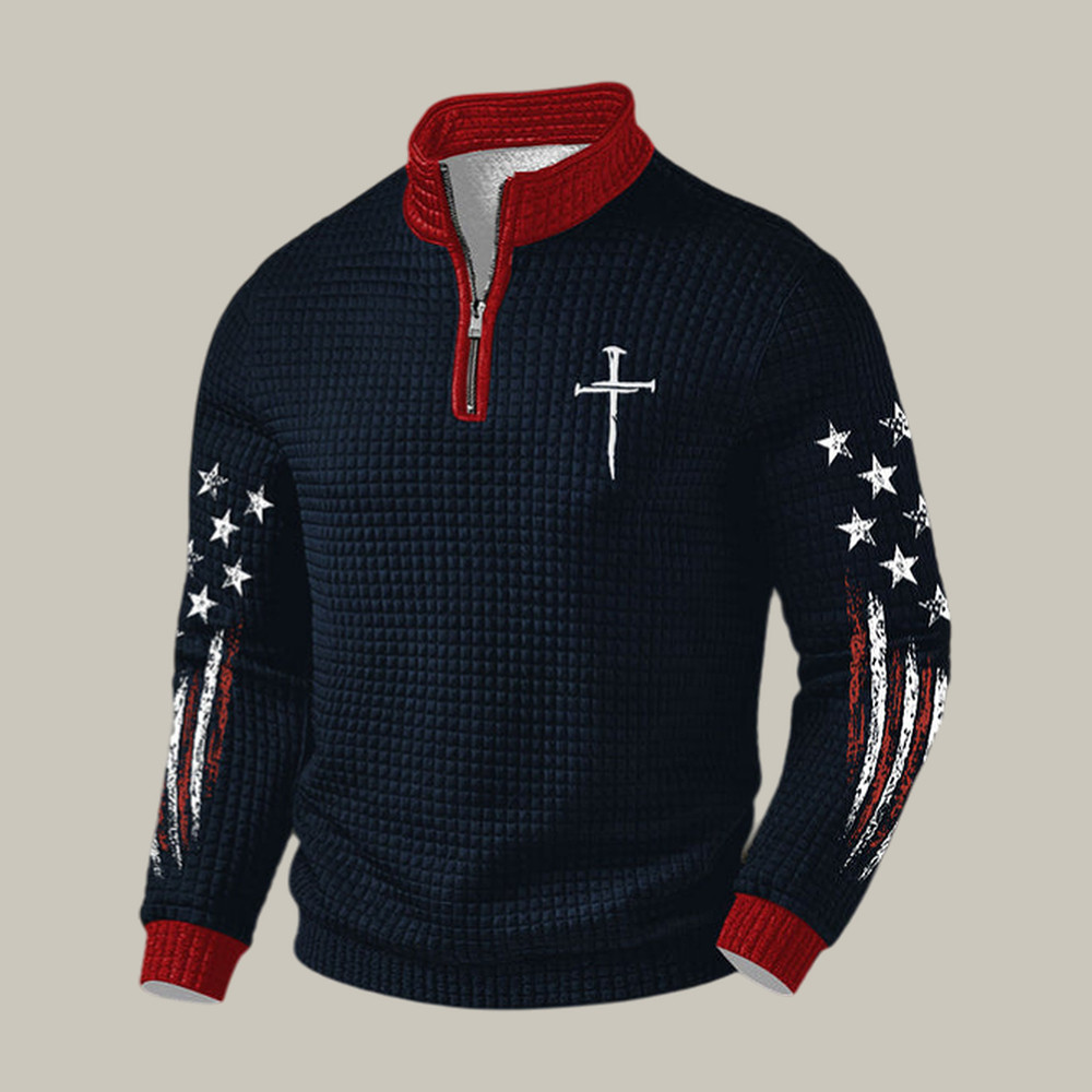 Faith Cross American Flag Quarter Zip Sweatshirt God Is Good Clothing Present For Father - WWCandleCo