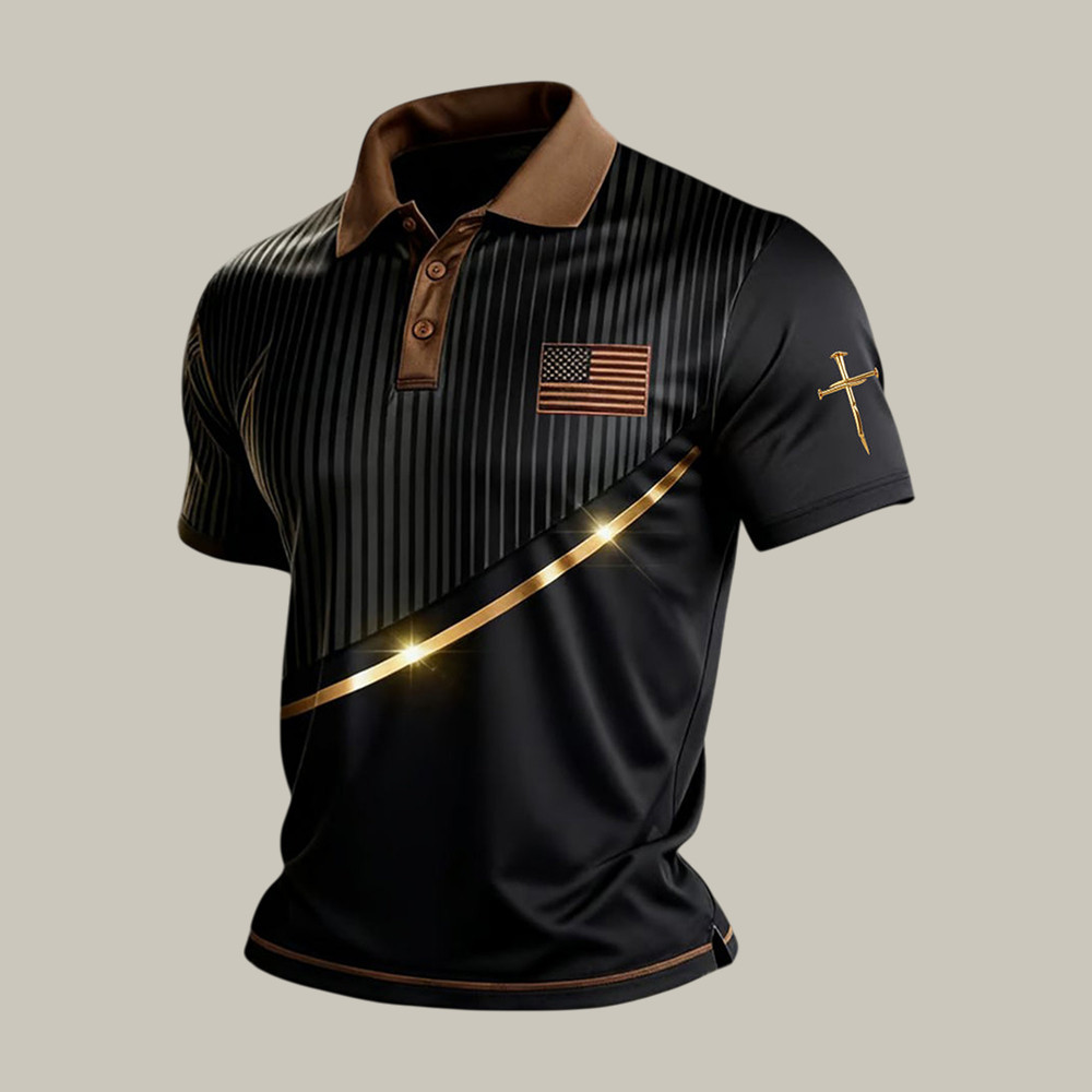 Faith Cross And American Flag Print Polo Shirt Faith Based Apparel Gift For Christians - WWCandleCo