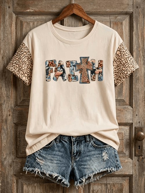 Faith Cross Leopard T-Shirt Christian Merch Blessed Religious Faith Gift