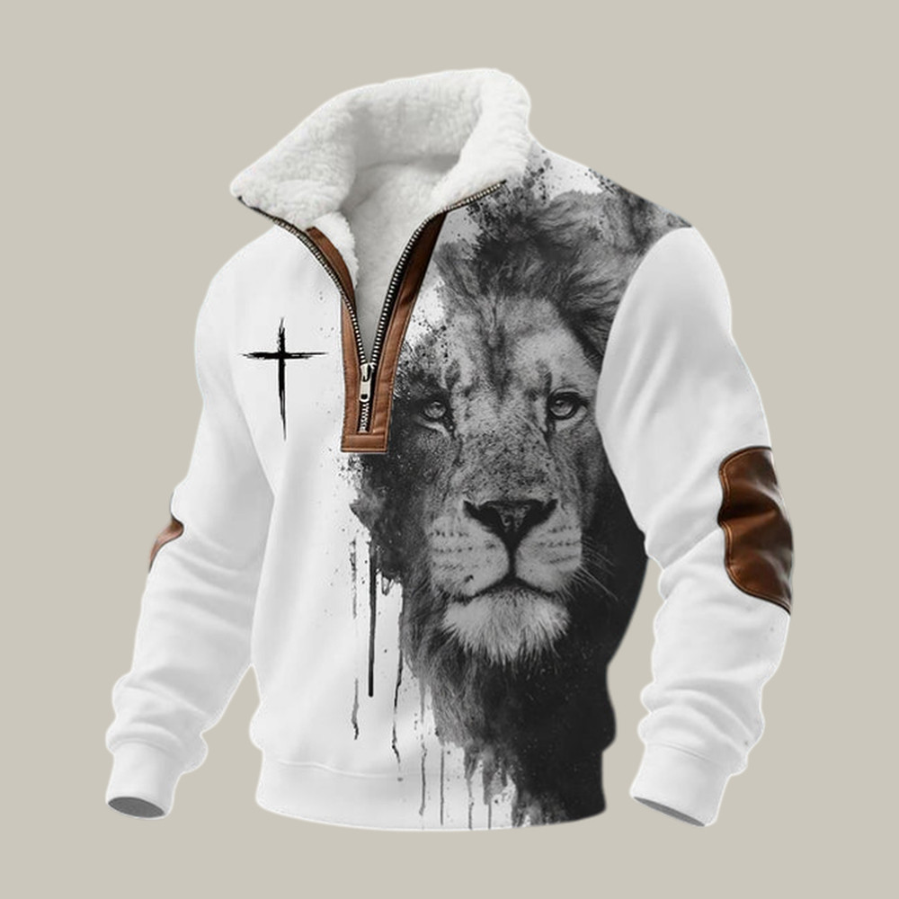 Faith Cross Lion Graphic Stand Up Collar Sweater Faith Over Fear Apparel Present Idea For Father's Day - WWCandleCo