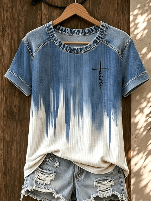 Faith Cross T-Shirt Faux Denim Tie Dye Bleach Apparel Gift For Christian Women