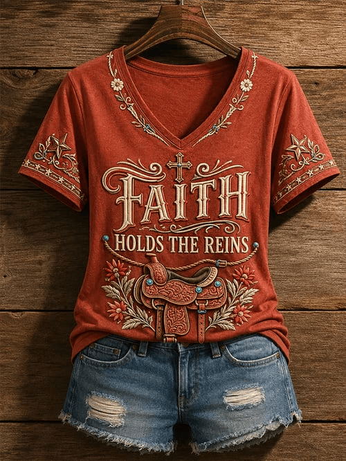 Faith Holds The Reins V-Neck Shirt Ornate Cross Western Apparel Gift For Country Girls