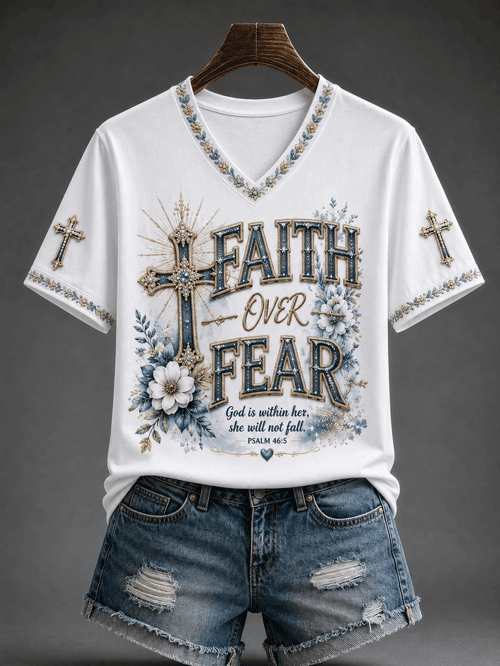 Faith Over Fear Bold Christian Cross V-Neck Shirt Faith Merch Gift For Christian Fans