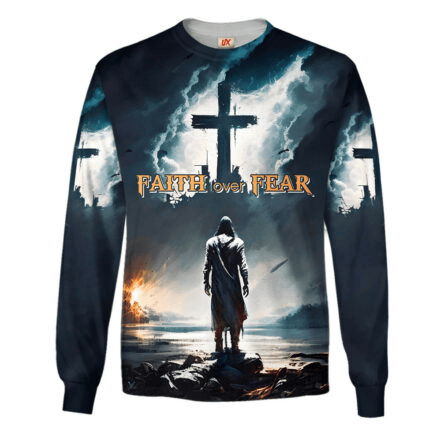 Faith Over Fear Long Sleeve Shirt Knight Walking Towards Glowing Light Cross Clothes Gift