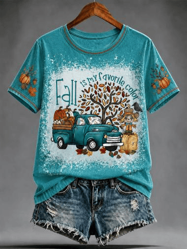 Fall Is My Favorite Color Bleached T-Shirt Pumpkin Vintage Truck Autumn Shirt Gift Ideas