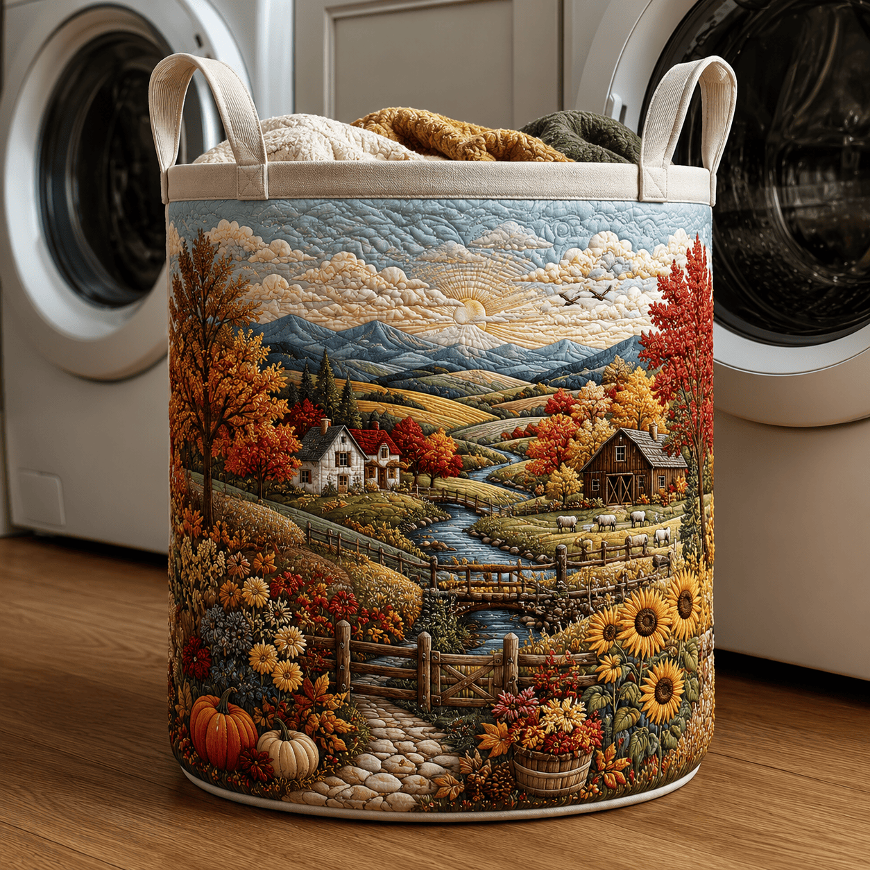 Fall Town Quilt Laundry Basket Autumn Landscape Storage Bin Gift For Friends